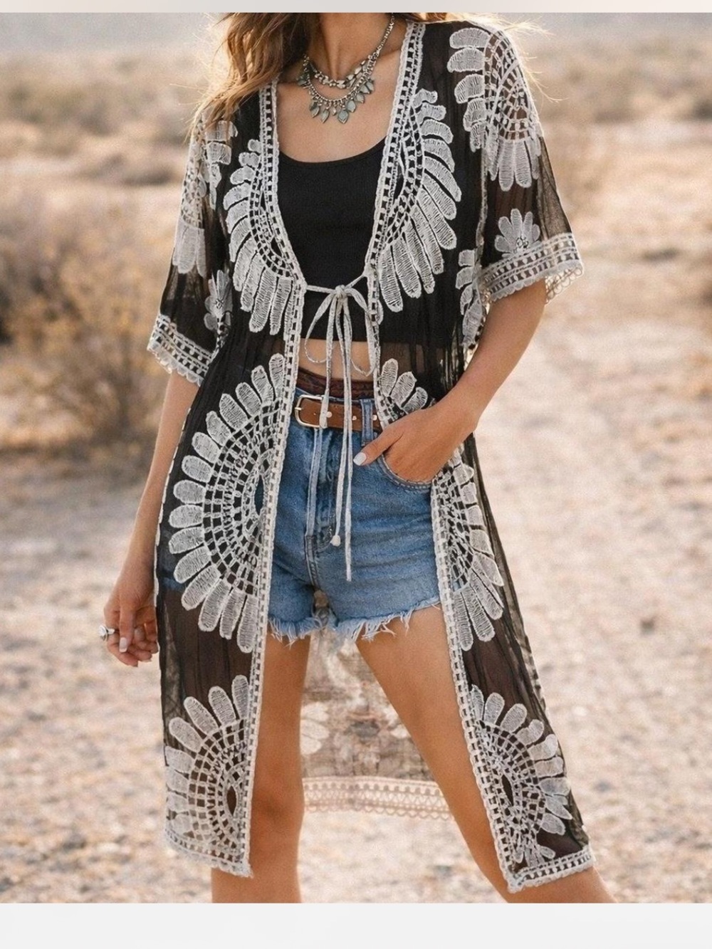 Ember Black Sheer Crochet Kimono Embroidery Duster Whimsigoth Western Boho - Picture 2 of 10